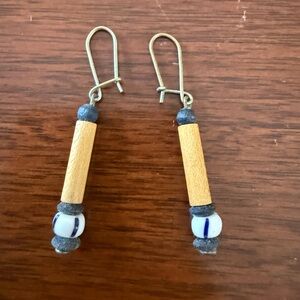 Handmade Wooden and Beaded (blue & white) Dangle Earrings